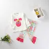 Conjunto de 2 peças para bebês meninas, manga babado, coelho, estampa floral, primavera, outono, roupas boutique para crianças pequenas