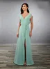 2020 Sage Thigh High Split V-neck Bridesmaid Dresses Prom Evening Gowns Sage Color Draped Sleeves Backless Formal Dress Girls maid of honor