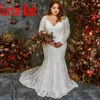 Plus Size Mermaid Wedding Dresses Bridal Gowns V Neck Long Sleeves Countr Train Ivory Lace robes de mariée