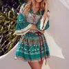 Boho été demi manches robes imprimé fleuri col en v à lacets Mini tenue décontractée femmes bohème Hippie Chic robes