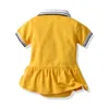 Sommar spädbarn flickor prinsessan romer mode barn lapel stripe kortärmad ruffle tutu jumpsuit söt gul baby bomull onesie y2327
