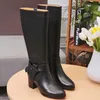 Hot Sale-Cow Leather Chunky Heel Knä High Knight Boots Fashion Metal Buckle Rain Boots Desert Motorcykel Stövlar Vinter Snö Stövlar, 35-41