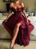 2020 Arabic A Line Burgundy Evening Dresses Off Shoulder Cap Sleeves High Low Length Plus Size Open Back Formal Prom Party Gown Custom
