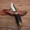 Neues handgefertigtes Jagdmesser mit fester Klinge, 7Cr17Mov Satin-Drop-Point-Klinge, Holz-Messing-Kopfgriff mit Lederscheide