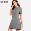 2019 Arbetsklänning Kvinnor Elegant Svartvit Kortärmad Broderad Kontrastkrage Lace Trim Houndstooth Dress