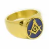 18k Gold Plated Stainless steel Freemason Signet Masonic Rings Dark Blue Lodge Enamel fraternal compass and square G Symbol rings jewelry