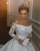 Plus Size Wedding Dresses Off Shoulder Lace Beads Long Sleeve Long Sleeves Arabic Vestido de novia Gowns Bridal Dress195v