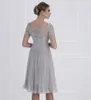 Newest Light Gray Lace Mother of the Bride Dresses Appliques Short Sleeve Evening Gowns Knee Length Mother's Dresses