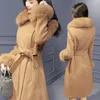 Outono Inverno Moda Elegante Mulher Quente Longa Lã Casaco Collar Destacável Coleira De Pele De Lã De Lã Casaco e Jaqueta Sólida Mulheres Casacos Tamanho S-XXL