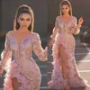 Sparkly Aso Ebi Mermaid Evening Dress Gold Sequins Appliques Long Sleeve Prom Dress Ruffles Side Split Formal Party Dresses Robe de Soiree