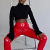 Leggings en cuir PU brillant pour femmes, noir et rouge, Sexy, avec fermeture éclair au dos, pantalon Push-Up en Faux cuir, pantalon en caoutchouc Latex