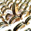 30pcs Gold Wide 6mm 316L Stainless Steel Rings With Black Enamel Unisex Wedding Classic Ring Men Women Gift Party Jewelry Wholesale Lots