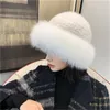 Женская элегантная Зимняя настоящая натуральная норковая шапка вязаная шапочка наушники W Real Fox Fur Brim Cap
