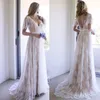 Bohemian Plaj Gelinlik Dantel Backless V Boyun Bir Çizgi Boho Gelin Törenlerinde Kısa Kollu Artı Boyutu Vestido De Novia Gelinlik 2861