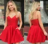 Red Spaghetti Straps Satin A-Line Homecoming Dresses 2020 Cheap Ruched Pocket Knee Length Short Party Prom Graduation Dresses BM1547