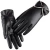 New Fashion Design Women Real Black Leather Gloves Outdoor Driving High Quality Touch Screen Bowknot Glove