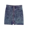 Sommar mode kvinnor hög midja främre zip denim kjol casual dragkedja a-line mini kjolar pocket wrapover jeans kjol