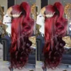 Parte Free Part 360 Frontal Long Body Wave Nero Ombre Borgogna Burgundy Red Brasilian Parrucche di pizzo sintetico Front per le donne