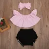 Toddler Girl Clothes Set 2020 Nyfödd Barnbarn Off Shoulder Toppar Ärmlös T-shirt + Shorts + Headband 3pcs Outfit Baby Clothing1