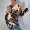 Leopard Print Bodysuit Mulheres Sexy Leotard Com Correspondência Longa Luvas Sem Mangas Macacão Moda 2 Piece Novidade Traje Cosplay
