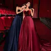 2019 New Arrival Long Prom Dresses Velvet Top Sweetheart Neck Sleeveless Satin Skirt Navy Blue Burgundy Evening Party Gowns Formal Wear