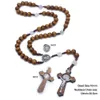 Nowa Moda Handmade Okrągły Koralik Katolicki Różaniec Krzyż Religijny Brązowy Koraliki Drewno Męskie Naszyjnik Różaniec Niech Bóg błogosławi