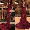 Mörk röd ärmlös sida split aftonklänningar Sequined Spaghetti Neck Formal Kvinnor Holiday Wear Celebrity Party Gowns Plus Size Custom Made