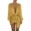 13 Colors Sparkly Metallic Irregular Draped Dress Women Sexy Deep V-neck Long Sleeve Vestido Elegant Bandage Wrap Mini Dress