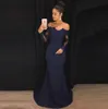 Navy Blue Mermaid Lace Evening Prom Dresses Elegant Off Shoulder Long Sleeve Appliqued Train Bridesmaids Dress Mother Dress BA9443