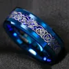 8mm Blue Tungsten Carbide Pierścień Srebrny Celtic Dragon Włókno węglowe Ring Mens Wedding Band Rozmiar 6-13