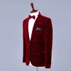 Floral Homens Blazers + Pants Wine Red Velvet Jacket Burgundy paletó Costume Homme Mens Wear Stage