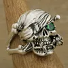 Partihandel-5 Sterling Silver Piratskalle Ring Rose Grön CZ Stone Mens Biker Rock Punk Style 9W201 US storlek 7 till 15