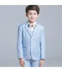 Light Blue Boys Formalne Okrestuduxedos Notch Lapel Dwa Przycisk Dzieci Ślub Tuxedos Dostosowy Dostrój Wakacje Ubrania (Kurtka + Spodnie + Kamizelka + Kamizelka) 61