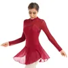 Stage Wear Women Shiny Rhinestone Mesh Long Sleeve Figure Skating Dress Ballet Dancewear Gymnastics Leotard Competition Performance Costume