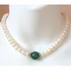 beautiful 8-9mm south sea white pearl green jade necklace 14K Gold Clasp 18 240N