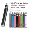 Аутентичные UGO Twist Vape Pen Cartridge аккумулятор с эго VV Зарядное устройство USB Passtrough 650mAh 900mAh Evod Twist Регулируемое напряжение Vaper E Cigs