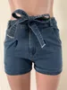 Spot europeiska våren och sommaren ny bälte knappficka fast färg bow casual street denim shorts stöd blandat sats