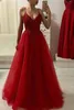 Empire Waist A-line Red Evening Dresses Lace Applique Beaded Sexy Deep V-neck Tulle Prom Dress Long Elegant Formal Gowns Party Cocktail