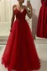 Taille Empire A-ligne Robes De Soirée Rouges Dentelle Applique Perlée Sexy Col En V Profond Tulle Robe De Bal Longue Élégante Robes Formelles Cocktail De Fête