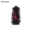 Batzuzhi Fashion Men Boots Gold Iron Toe Luxury Men's Leather Boots Ankle Buckles Red Party Wedding Dress Boots chaussure homme