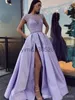 Sexy lavendel een lijn prom jurkt Bateau nek plooien backless lovertjes lovertjes kralen hoge zijde gesplitste formele jurk avondjurken vestidos de noiva