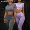 Mode Sport Set Frauen Grau Lila Zwei 2 Stück Crop Top Hohe Taille Leggings Sportsuit Workout Outfit Fitness Gym yoga Sets