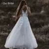 Robe de mariée de plage, col en V, Photo réelle, Illusion de dentelle appliquée, dos nu, robe de mariée légère