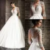 V-neck Satin A-line Wedding Dresses Sheer Long Sleeves Tulle Lace Applique Sweep Train Wedding Bridal Gowns With Pockets