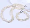 Atado mão bela 5 linhas naturais 5-6mm de água doce de arroz aquicultura pulseira de pérolas colar de 18" moda jóias set