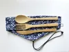 Portable Japanese Style Dinnerware Set Bamboo Knife Fork and Spoon with Cloth Bag Free Shipping WB320