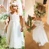 Bohemian Lace Chiffon A Line Flower Girls Dresses Short Sleeves Country Wedding Dresses For Kids Cute Long Boho First Communion Dress