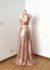 Bruidsmeisjale afbeeldingen Lovertjes Bruidsmeisje Jurken Schede Hollow Back Two Pieces Jurken Trouwkleding Rose Gold Maid of the Hono-jurken goedkoop