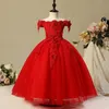 Flower Girl Bead Decoration Long Dress 2020 New Girl Wedding Party Exchange Dress Ball Sexig axel Toddler Pageant kläder 2021