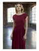 2019 Ny mörk röd spets chiffon A-Line Long Modest Bridesmaid Klänningar med Cap Sleeves Golvlängd Vin Röd Modest Maids of Honor Dress